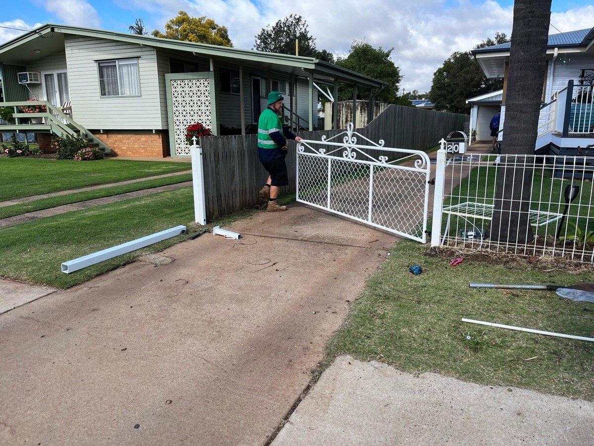 in progress White Powder-coated Steel Action Shot – Slide Gate + Motor, Oakey