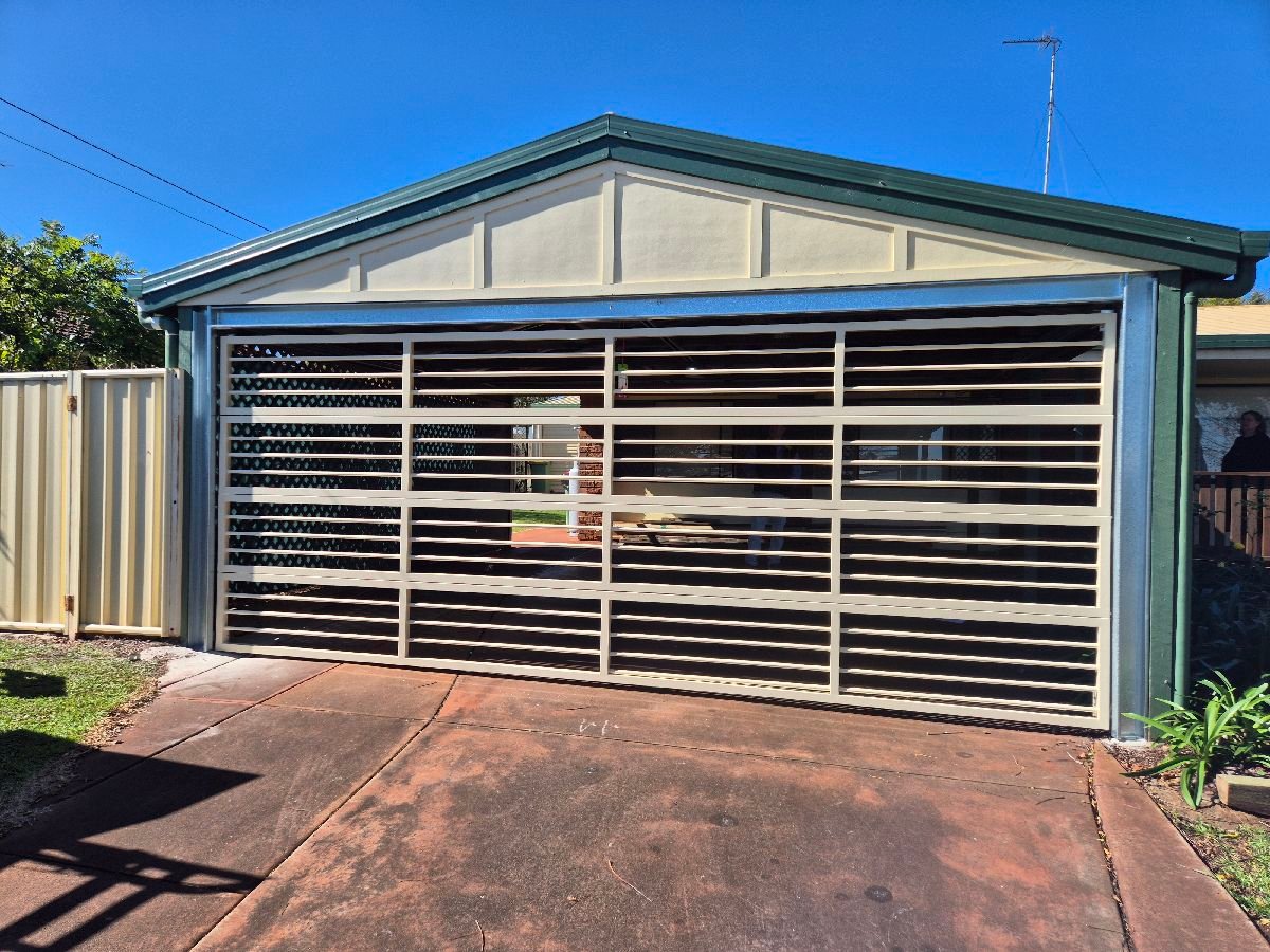 after Cream Powder-coated Aluminium Custom Door – Carport enclosure, Centenary Heights