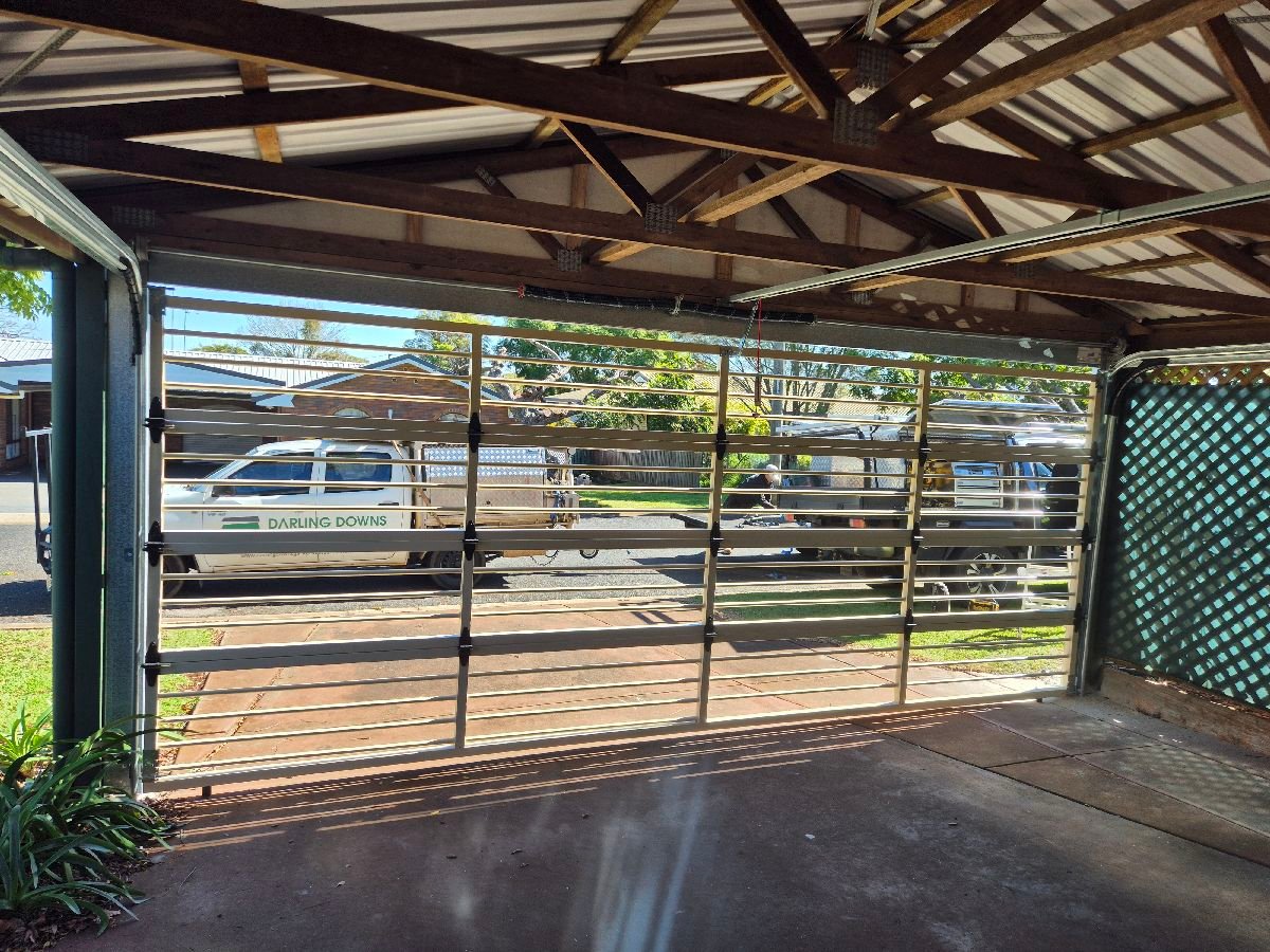 after Cream Powder-coated Aluminium Custom Door – Carport enclosure, Centenary Heights