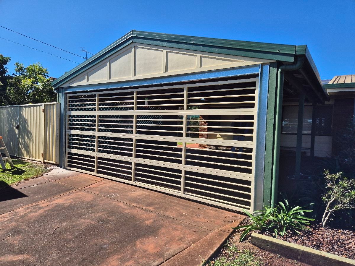 after Cream Powder-coated Aluminium Custom Door – Carport enclosure, Centenary Heights