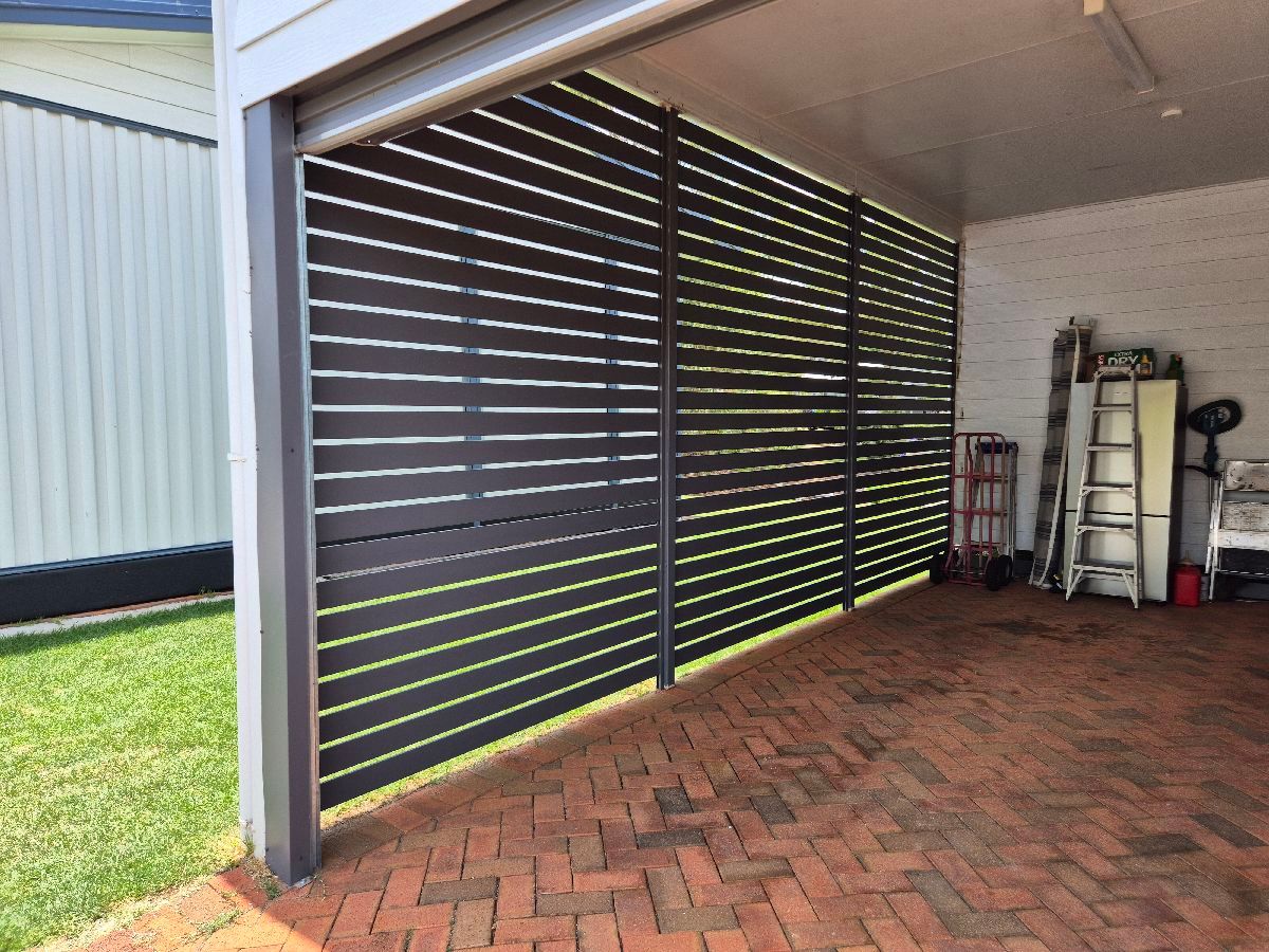 after Basalt Powder-coated Aluminium Custom Door – Carport Screening, Wilsonton