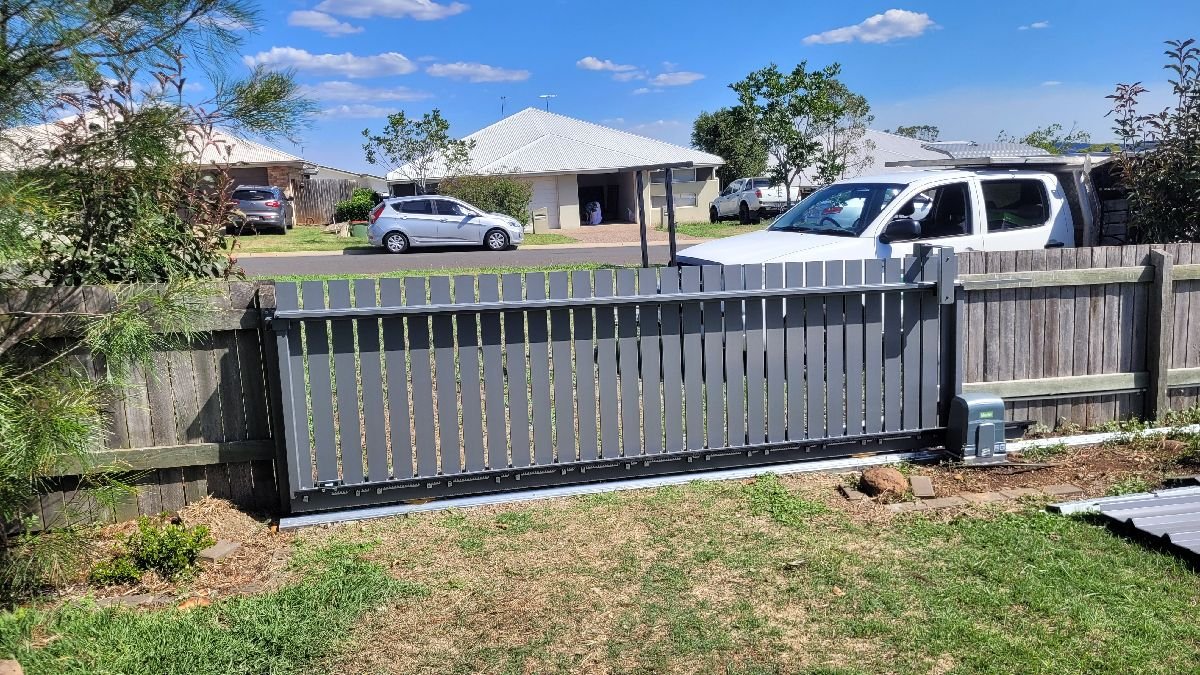 after Basalt Powder-coated Aluminium Sliding Gate – Sliding Gate + Motor, Cranley