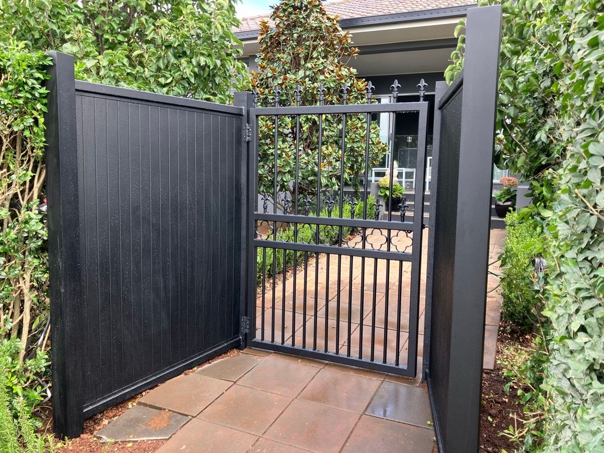 after Black Powder-coated Aluminium Swing Gate – PA Gate + Infill Panels, Prince Henry Heights