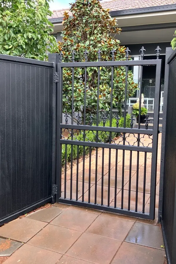 after Black Powder-coated Aluminium Swing Gate – PA Gate + Infill Panels, Prince Henry Heights