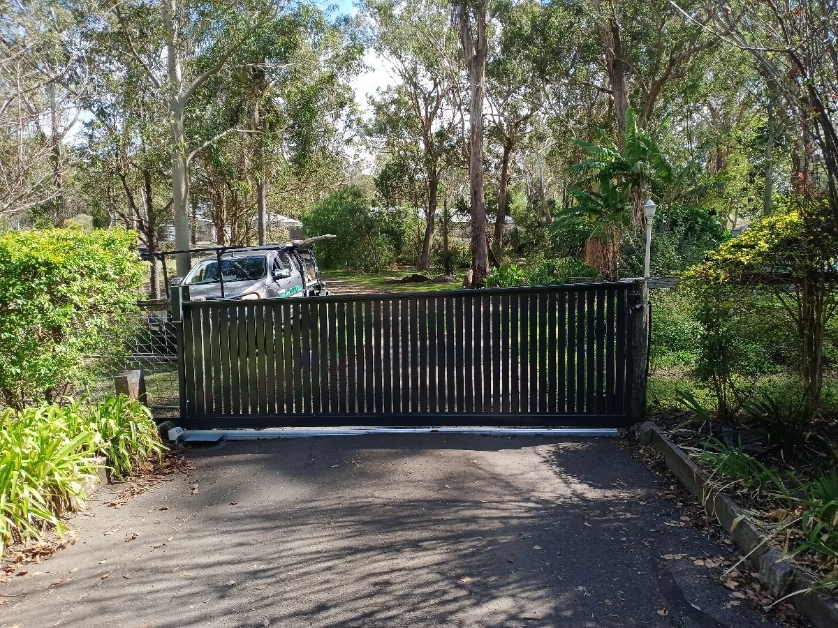after Monument Powder-coated Aluminium Sliding Gate – Gate + Motor, Highfields