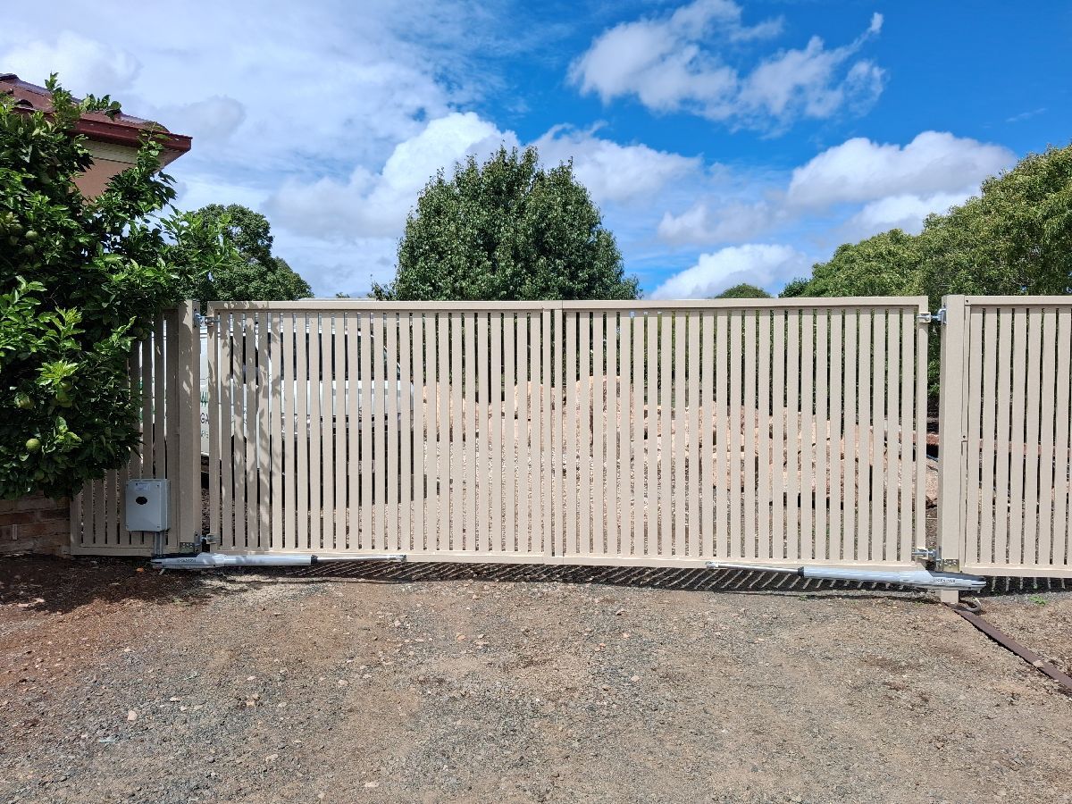 after Cream Powder-coated Aluminium Sliding Gate – Repairs to Motor Brackets, Torrington