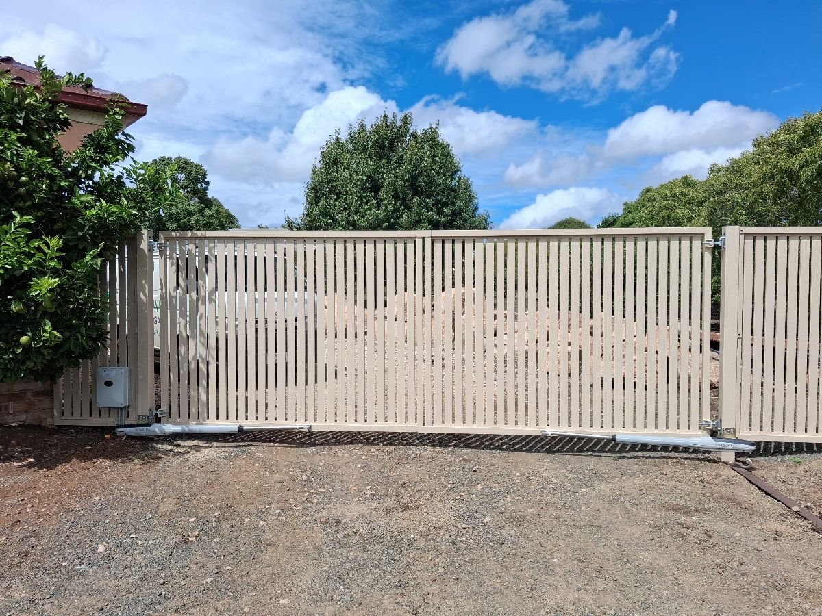 after Cream Powder-coated Aluminium Sliding Gate – Repairs to Motor Brackets, Torrington