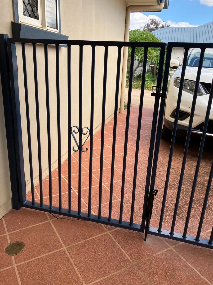 after Dark Blue Powder-coated Steel Swing Gate – Manual Gates, Kearneys Spring