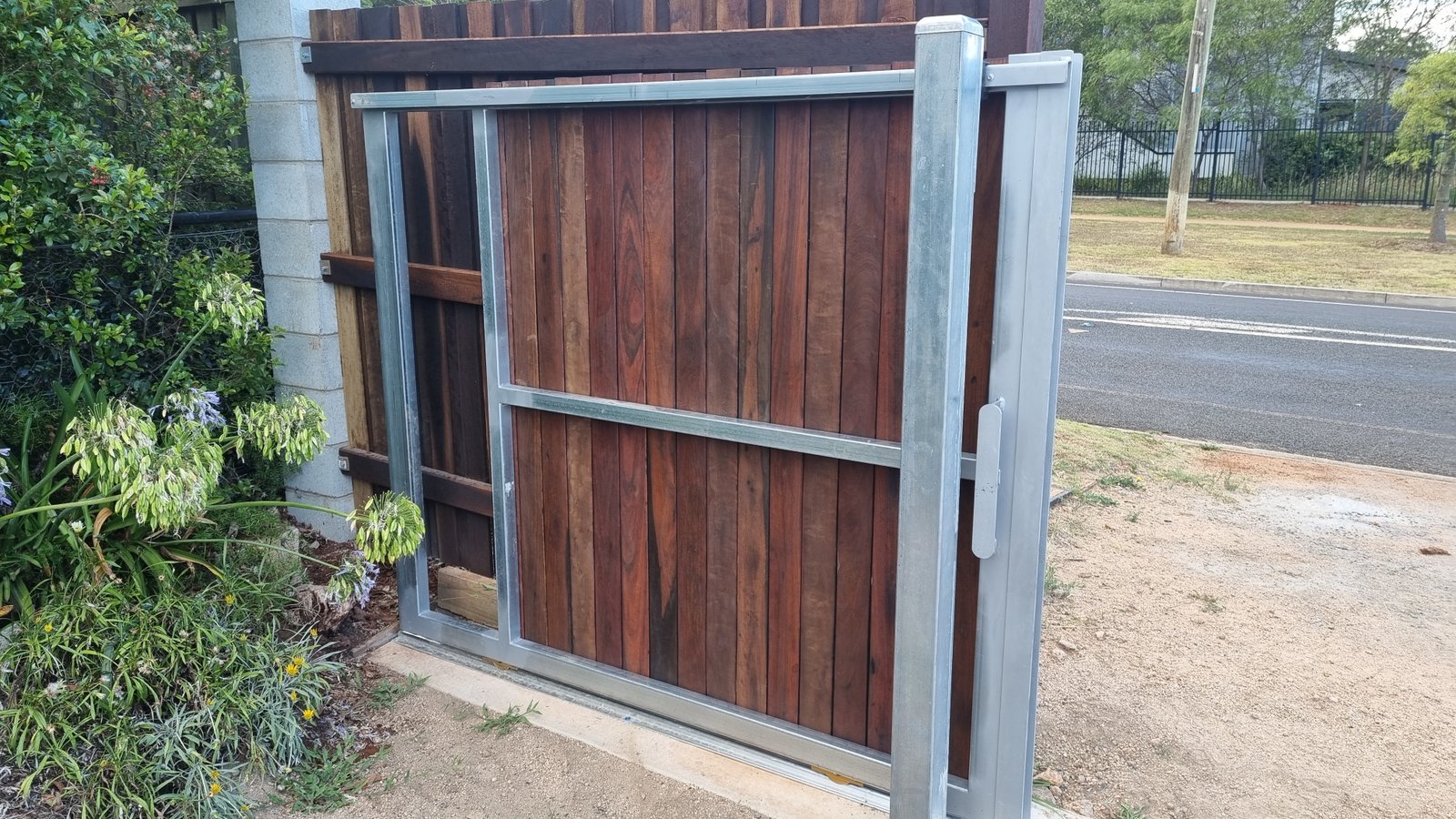 after Galvanised + Wood-look Galvanised Frame + Timber Palings Sliding Gate – Gate, Highfields
