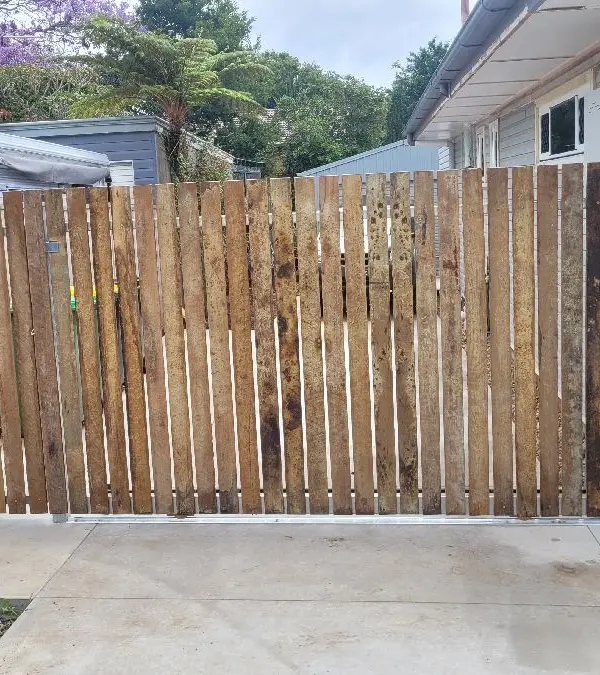 after Wood-look Colorbond + Galvanised Frame Sliding Gate – Steel Gate Frame + Motor, Centenary Heights