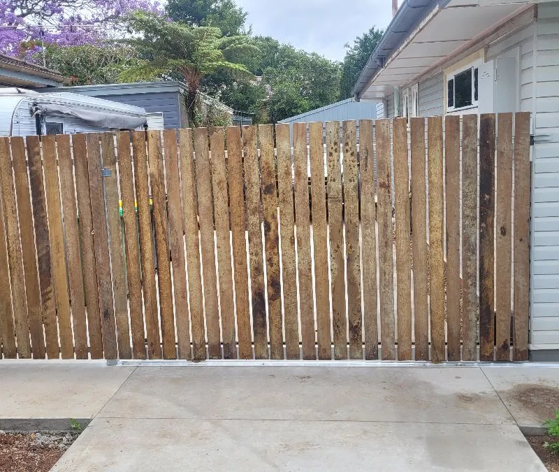 after Wood-look Colorbond + Galvanised Frame Sliding Gate – Steel Gate Frame + Motor, Centenary Heights