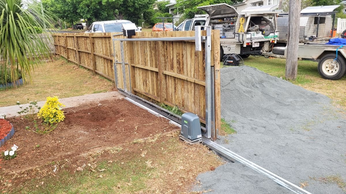after Galvanised Pipe-Galvanised + Timber Paling Sliding Gate – Gate Frame + Motor, Harlaxton