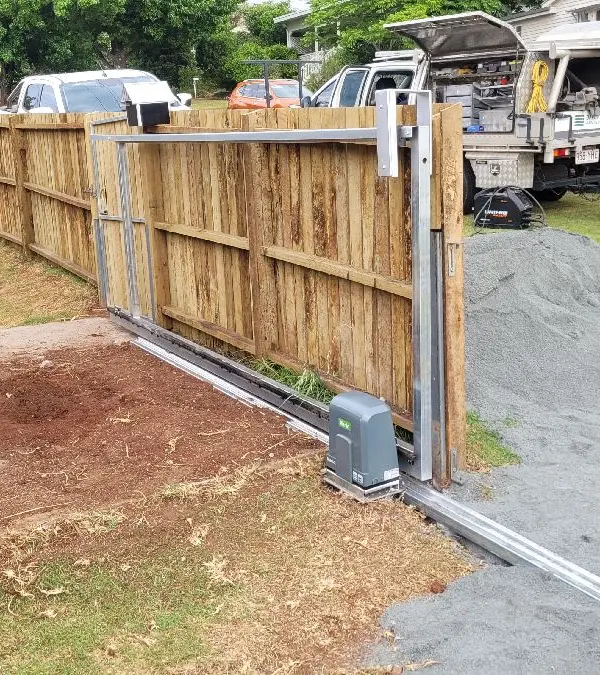 after Galvanised Pipe-Galvanised + Timber Paling Sliding Gate – Gate Frame + Motor, Harlaxton