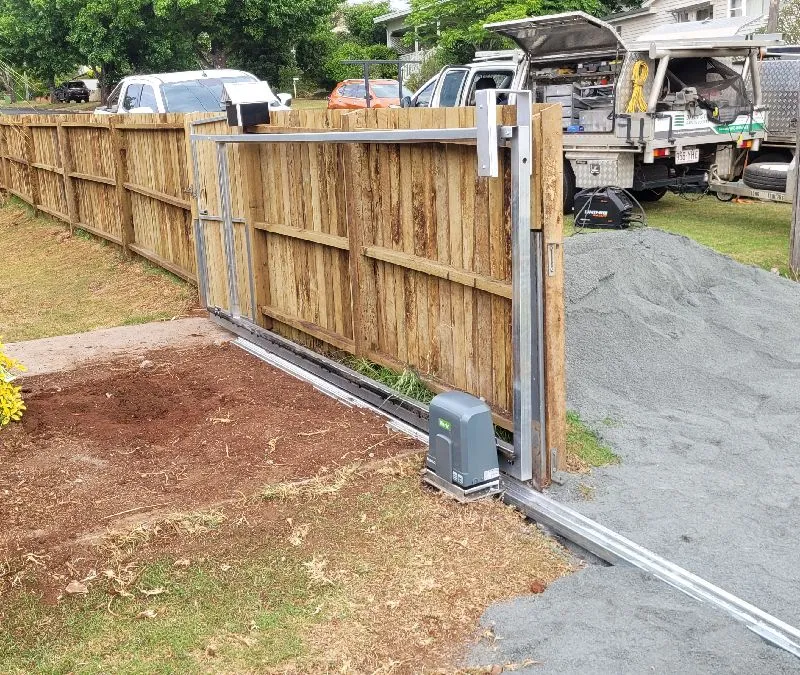 after Galvanised Pipe-Galvanised + Timber Paling Sliding Gate – Gate Frame + Motor, Harlaxton