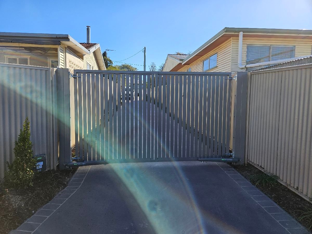 after Cream Powder-coated Aluminium Swing Gate – Service Job - Gate + Motor, Centenary Heights