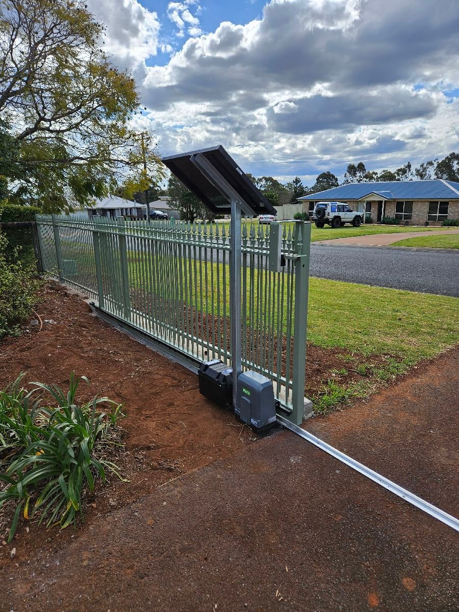after Pale Eucalypt Powder-coated Steel Sliding Gate – Slide Gate + Fencing, Highfields