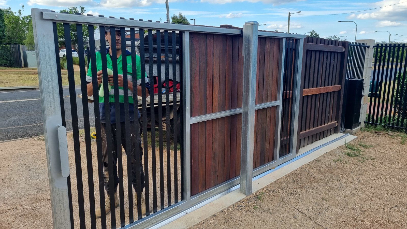 after Galvanised + Wood-look Galvanised Frame + Timber Palings Sliding Gate – Gate, Highfields