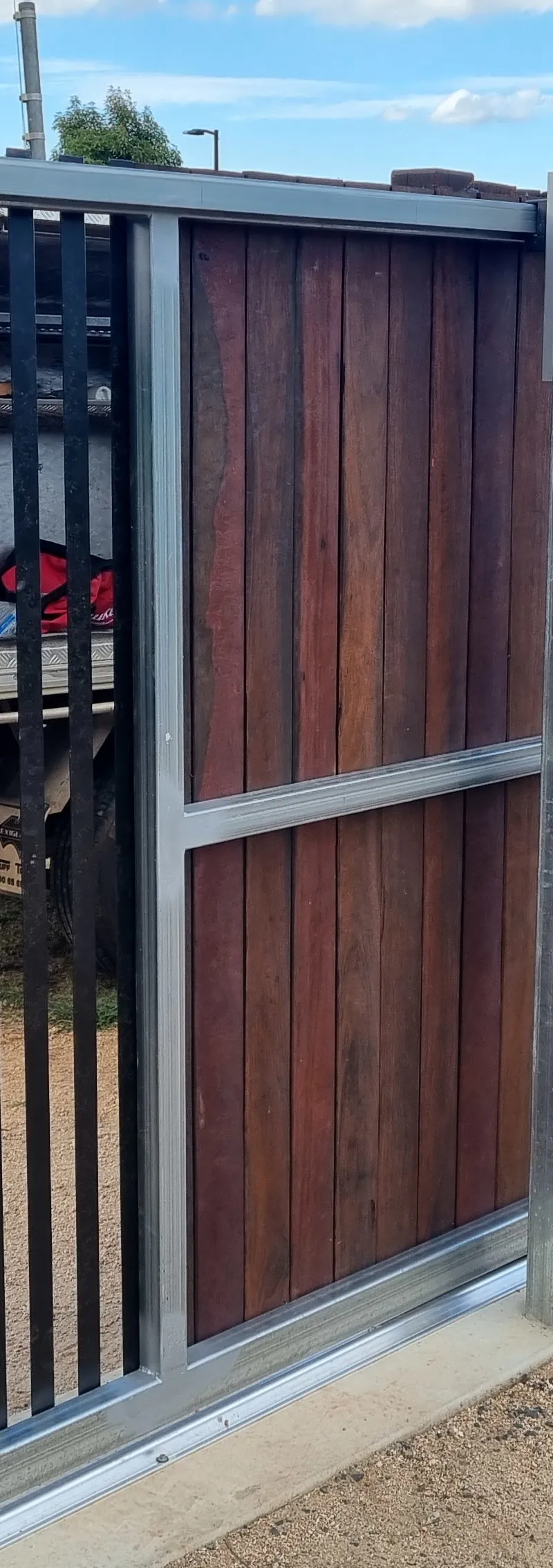 after Galvanised + Wood-look Galvanised Frame + Timber Palings Sliding Gate – Gate, Highfields