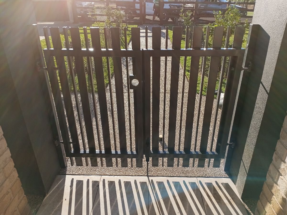 after Ironstone Powder-coated Steel Swing Gate – PA Gate + infill, Gatton