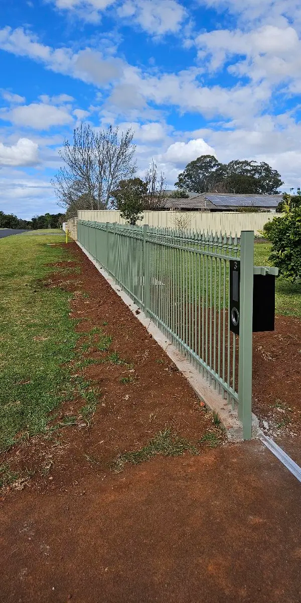 after Pale Eucalypt Powder-coated Steel Sliding Gate – Slide Gate + Fencing, Highfields