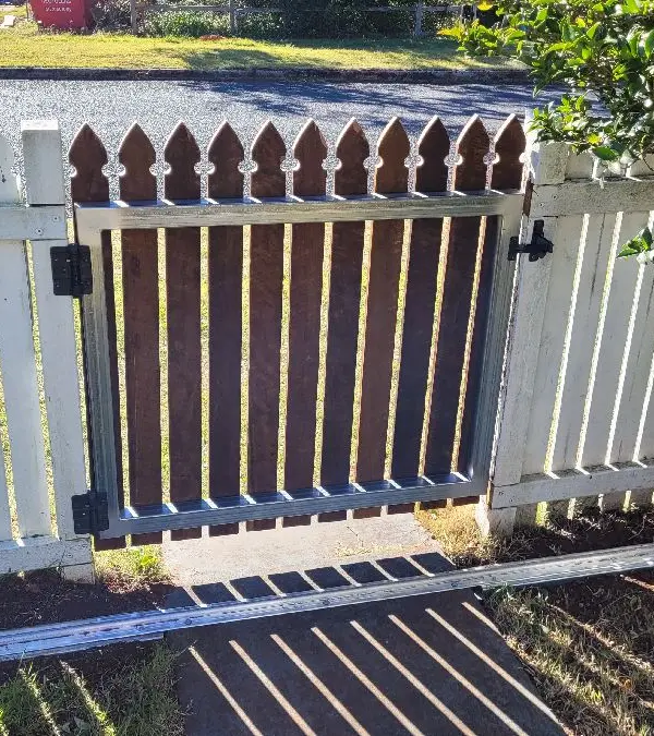 after Mixed Timber + Galvanised Swing Gate – Gate + PA, Mount Lofty