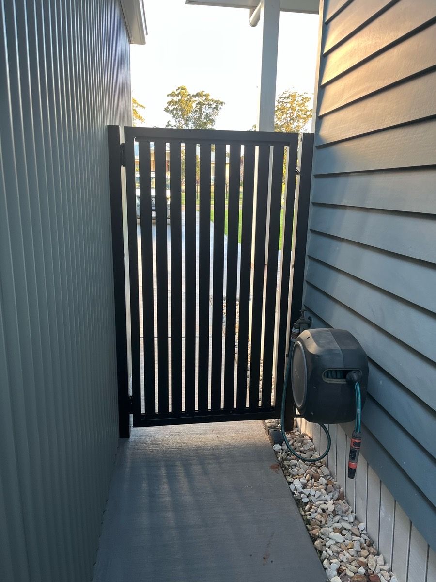 after Black Powder-coated Steel Swing Gate – PA Gates, Cabarlah