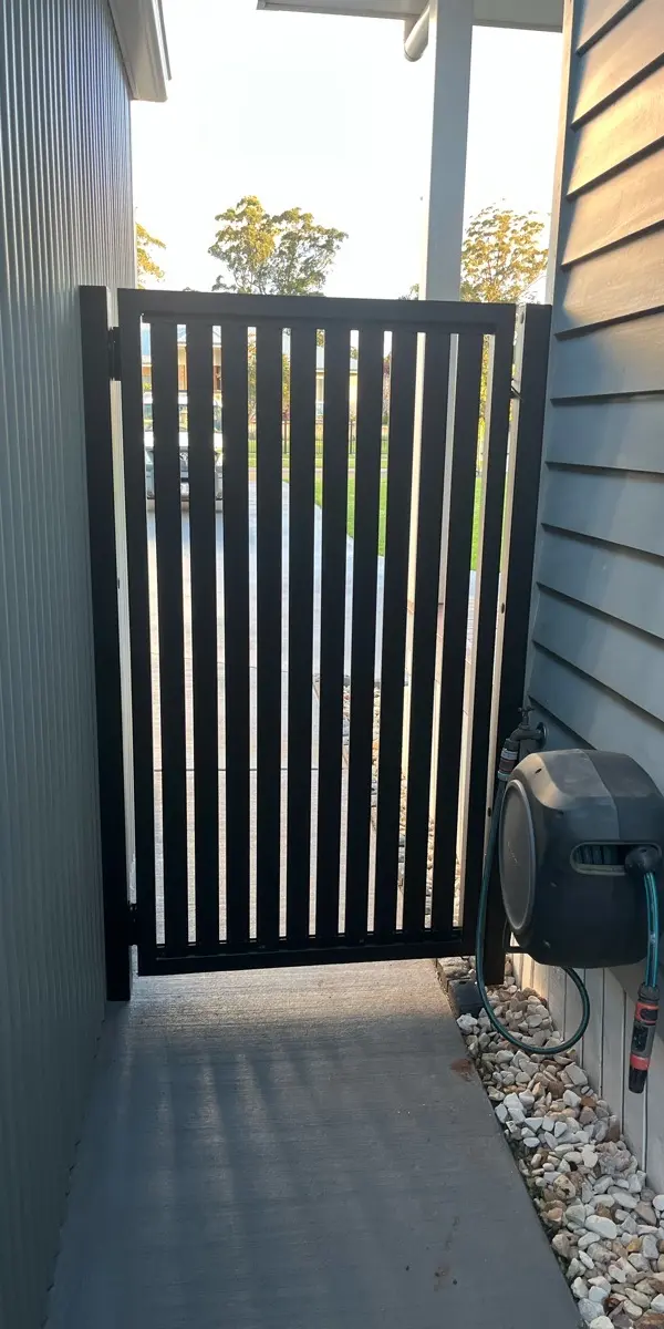 after Black Powder-coated Steel Swing Gate – PA Gates, Cabarlah