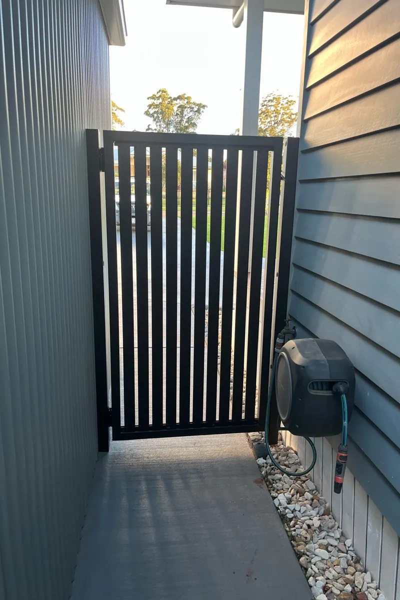 after Black Powder-coated Steel Swing Gate – PA Gates, Cabarlah