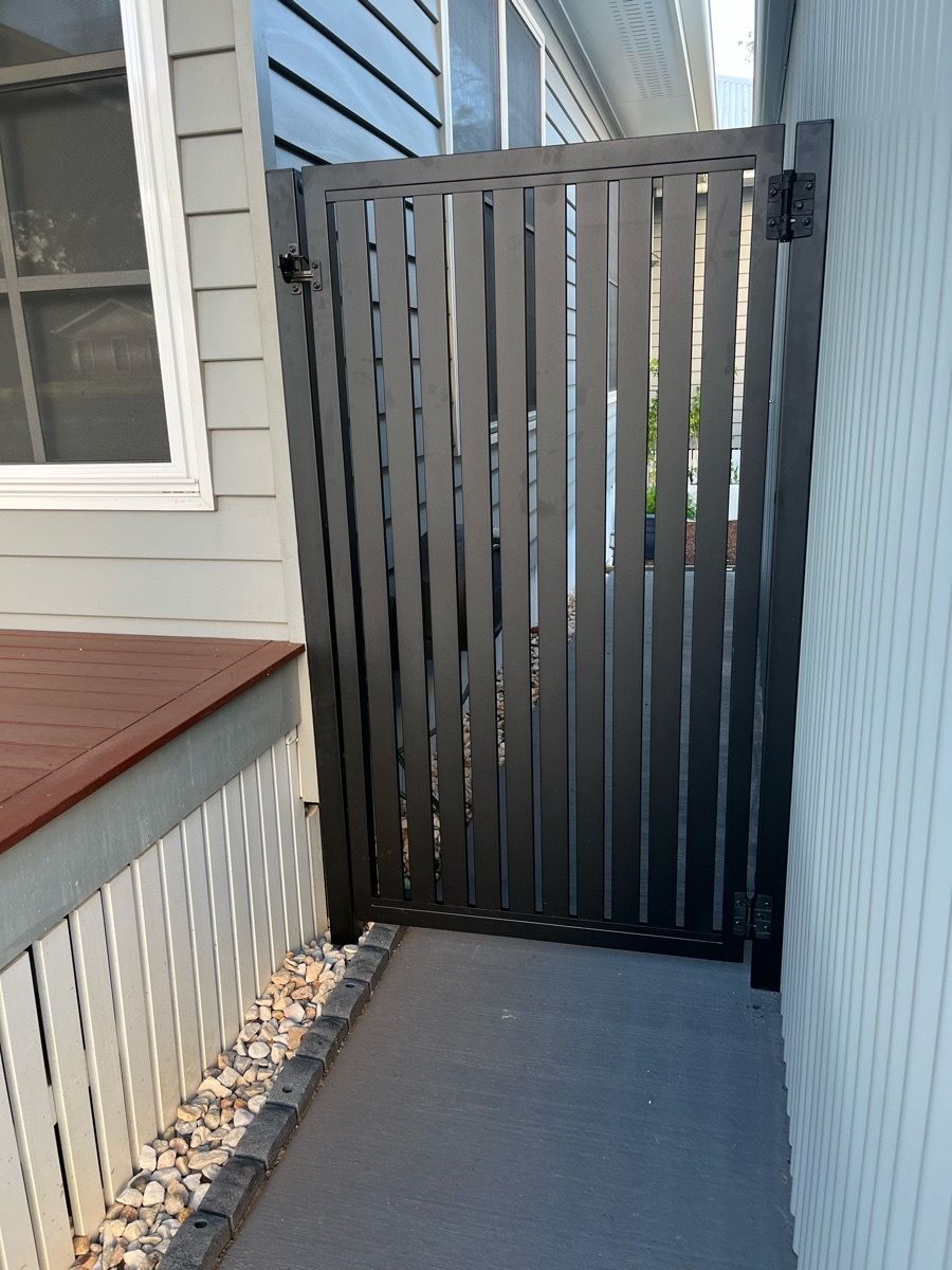 after Black Powder-coated Steel Swing Gate – PA Gates, Cabarlah