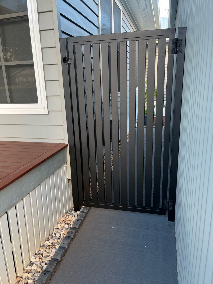 after Black Powder-coated Steel Swing Gate – PA Gates, Cabarlah