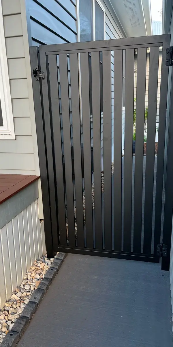 after Black Powder-coated Steel Swing Gate – PA Gates, Cabarlah
