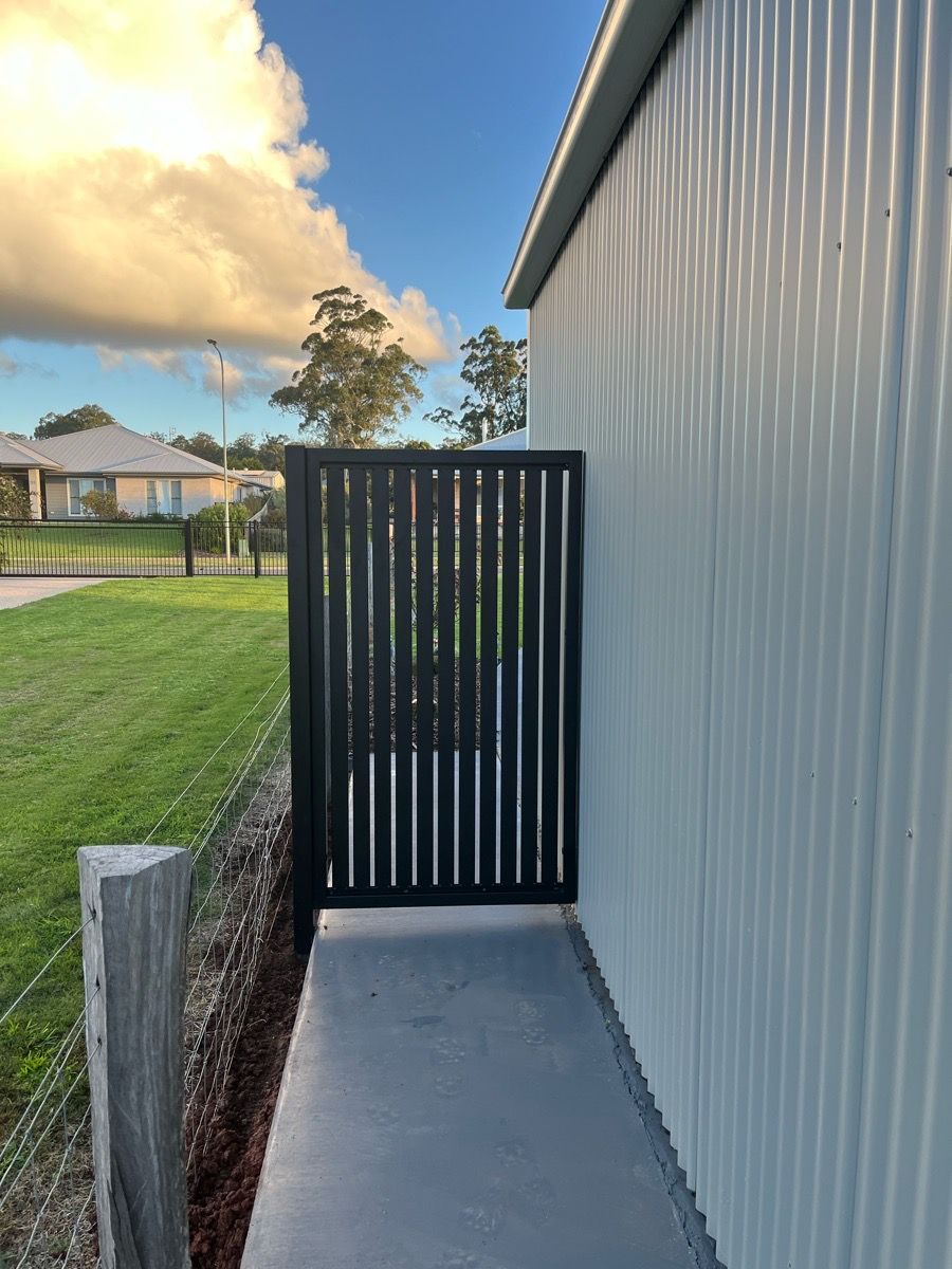 after Black Powder-coated Steel Swing Gate – PA Gates, Cabarlah