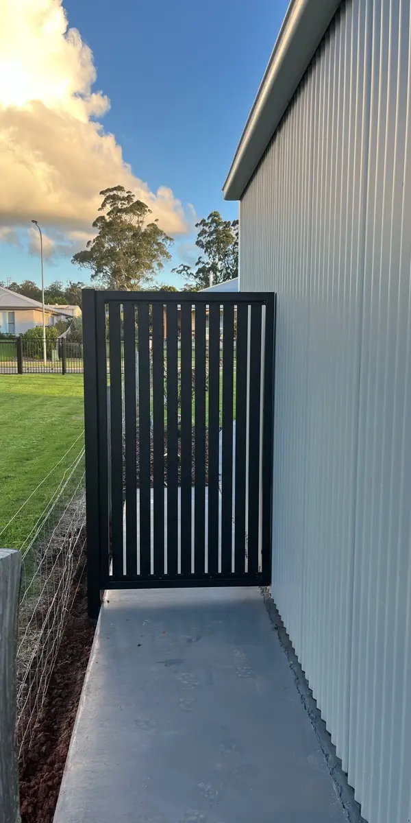 after Black Powder-coated Steel Swing Gate – PA Gates, Cabarlah