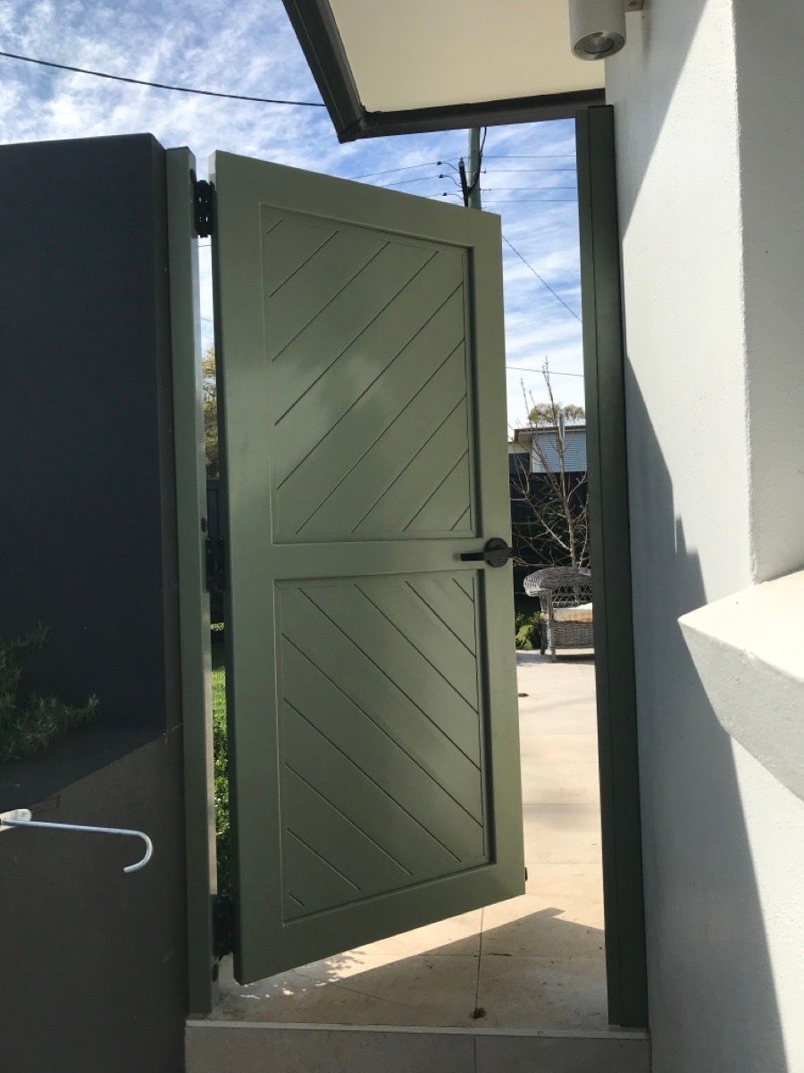 after Pale Eucalypt Powder-coated Aluminium Custom Door – PA Gate, Rangeville