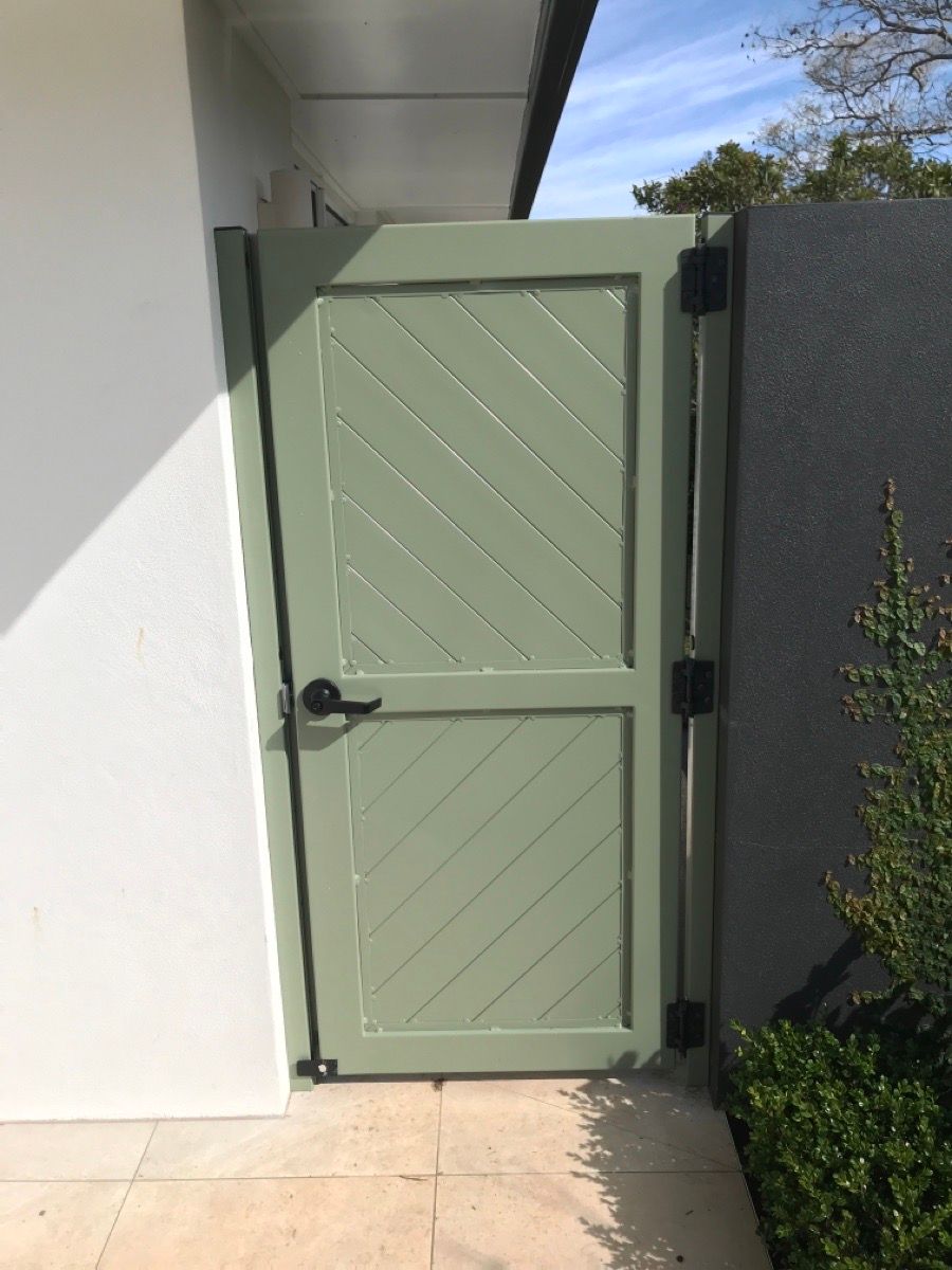 after Pale Eucalypt Powder-coated Aluminium Custom Door – PA Gate, Rangeville