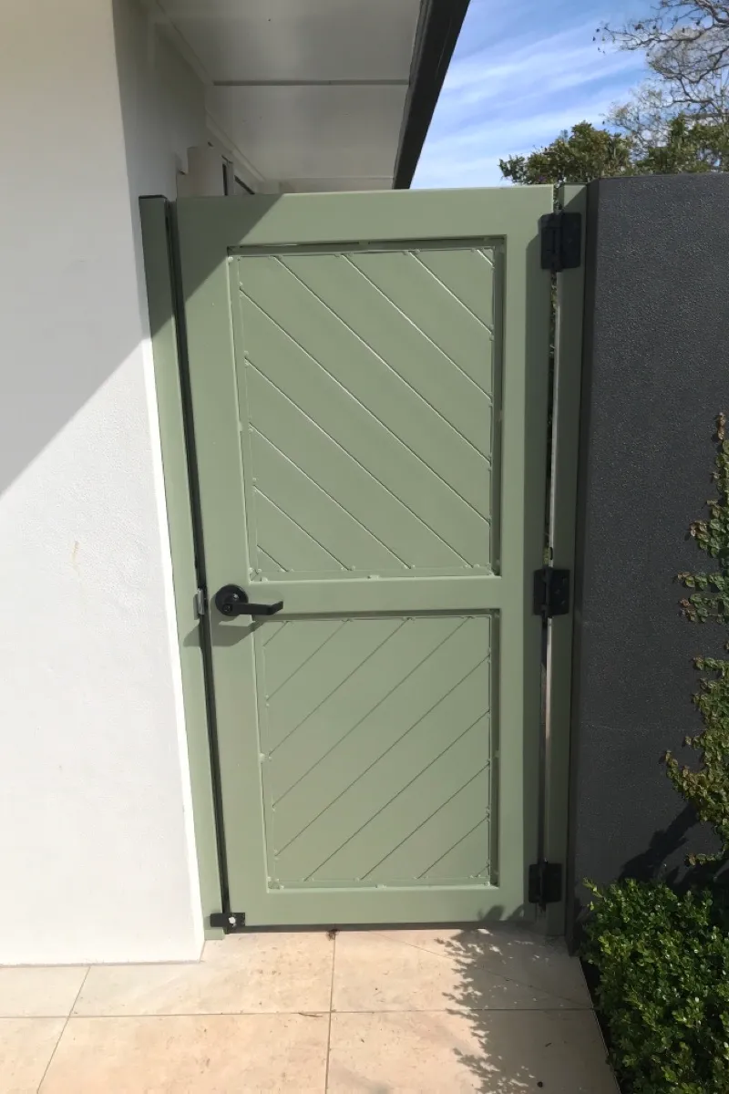after Pale Eucalypt Powder-coated Aluminium Custom Door – PA Gate, Rangeville