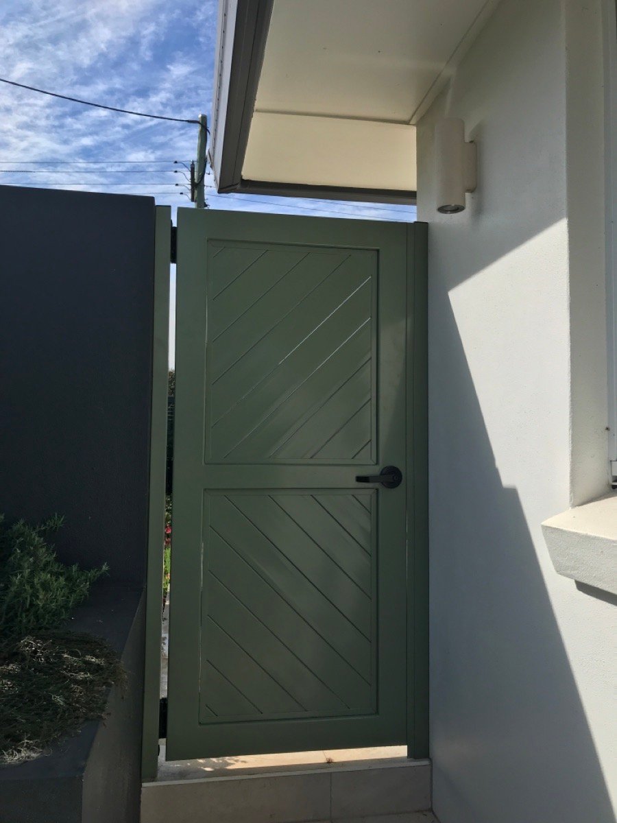 after Pale Eucalypt Powder-coated Aluminium Custom Door – PA Gate, Rangeville