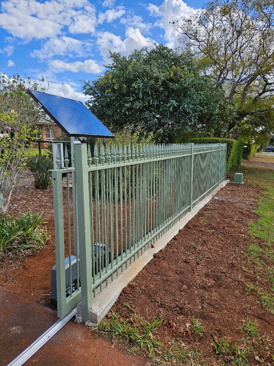 after Pale Eucalypt Powder-coated Steel Sliding Gate – Slide Gate + Fencing, Highfields