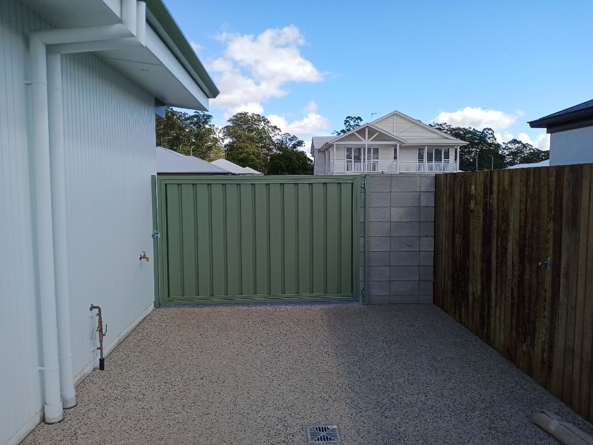 after Pale Green Colorbond Steel + Powder-coated Frame Swing Gate – Side Gates, Highfields