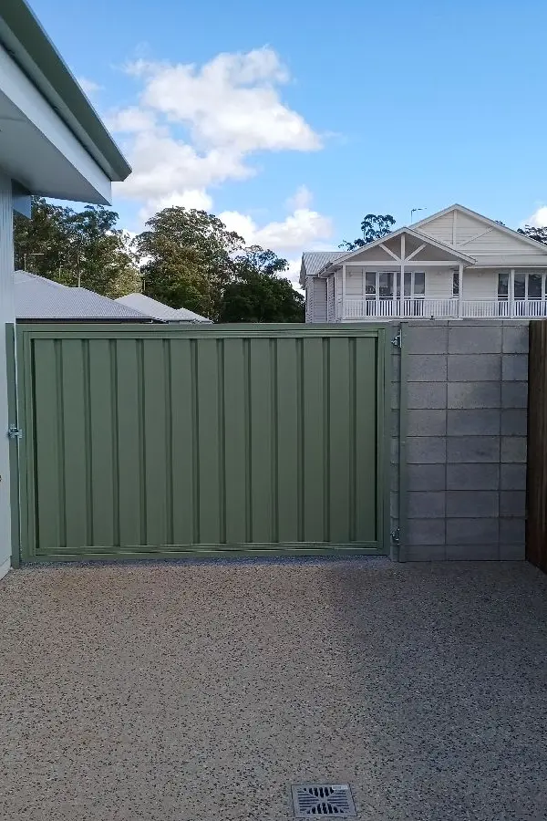 after Pale Green Colorbond Steel + Powder-coated Frame Swing Gate – Side Gates, Highfields