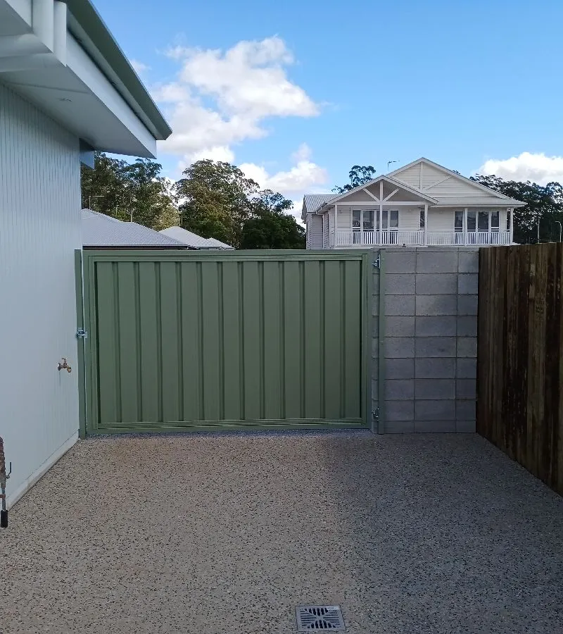 after Pale Green Colorbond Steel + Powder-coated Frame Swing Gate – Side Gates, Highfields