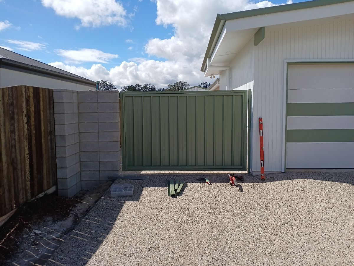 after Pale Green Colorbond Steel + Powder-coated Frame Swing Gate – Side Gates, Highfields