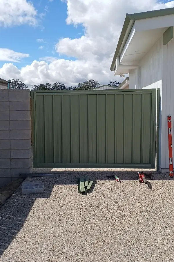 after Pale Green Colorbond Steel + Powder-coated Frame Swing Gate – Side Gates, Highfields