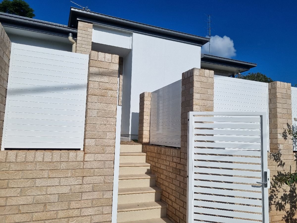 after White Powder-coated Aluminium Custom Door – Slat Infills, Rangeville