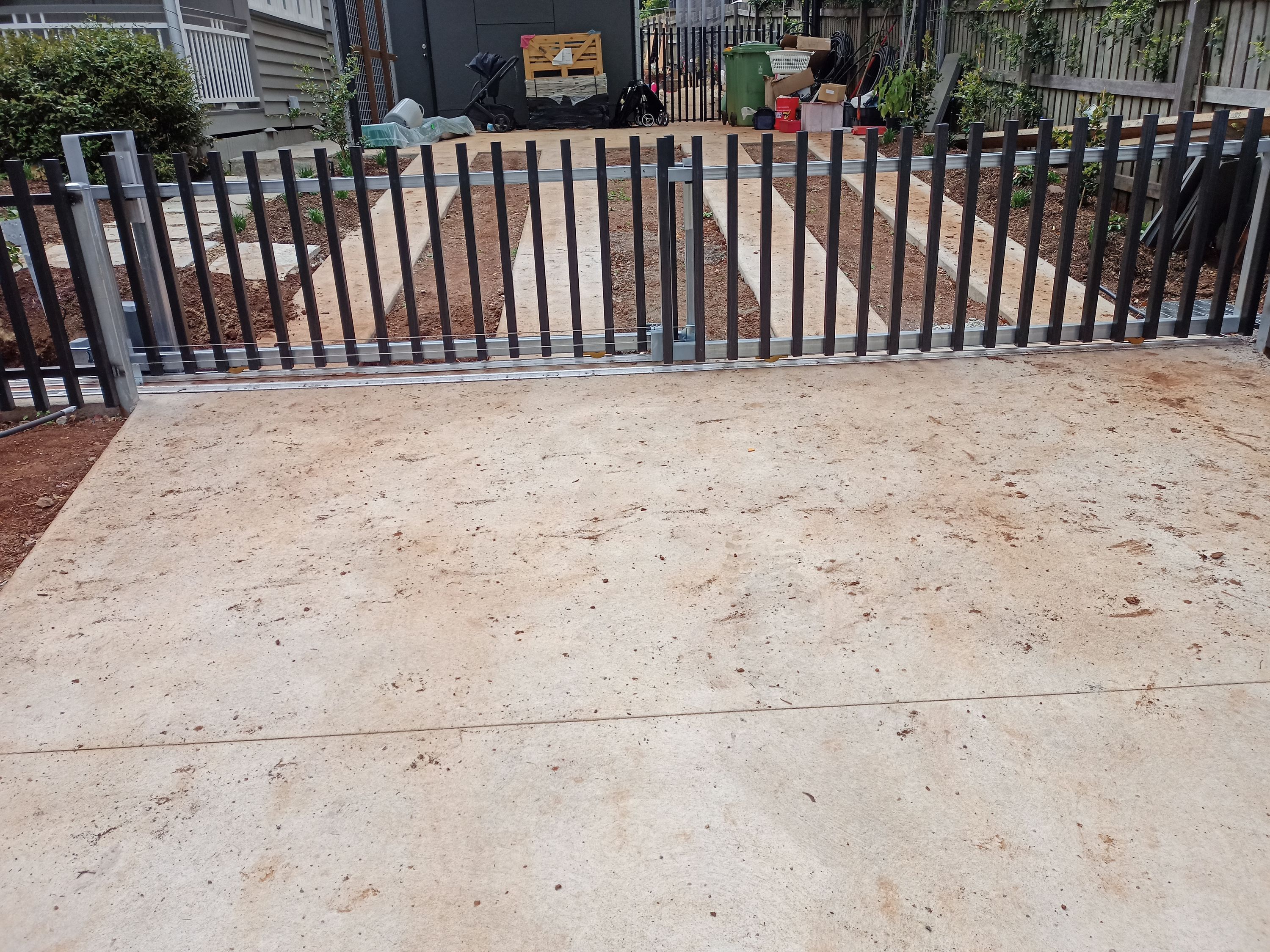 after Black Colorbond + Galvanised Frame Sliding Gate – GAL Frame + Palings by others, Toowoomba