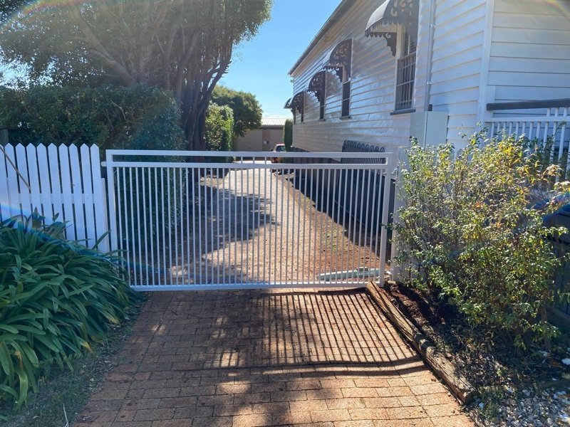 after Wood-look Powder-coated Steel Swing Gate – Pipe Gate + posts, South Toowoomba