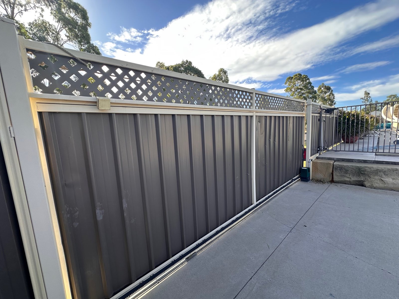 after Brown Colorbond + Lattice Sliding Gate – Walton repair, Dalby