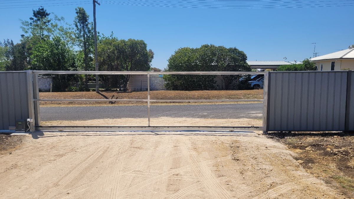 after Mixed Colorbond + Galvanised Frame Sliding Gate – 2 x Slide Frame + Motors, Cambooya