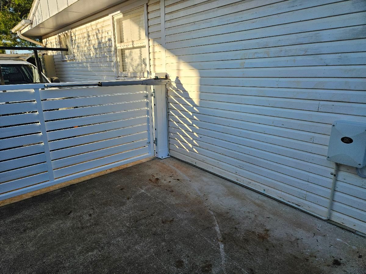 after Dover White Powder-coated Steel Swing Gate – Gate + Motor (Swing Toward Shed), Centenary Heights