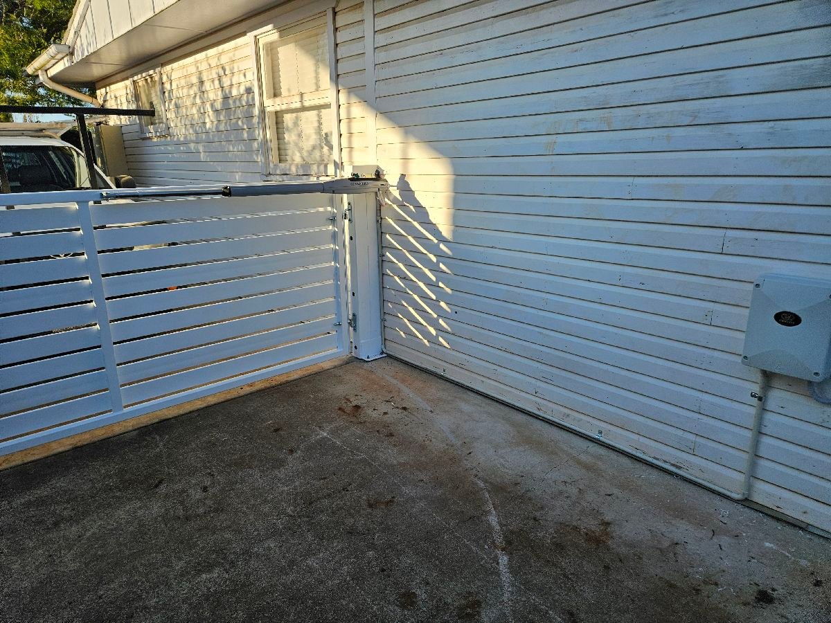 after Dover White Powder-coated Steel Swing Gate – Gate + Motor (Swing Toward Shed), Centenary Heights